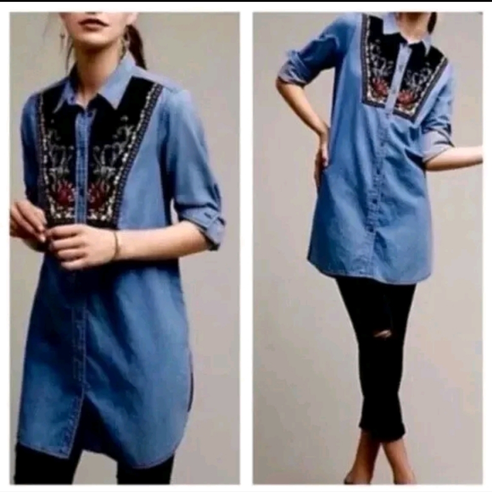 Anthropologie Holding Horses Embroidered Chambray Denim Tunic 0 Blue Western